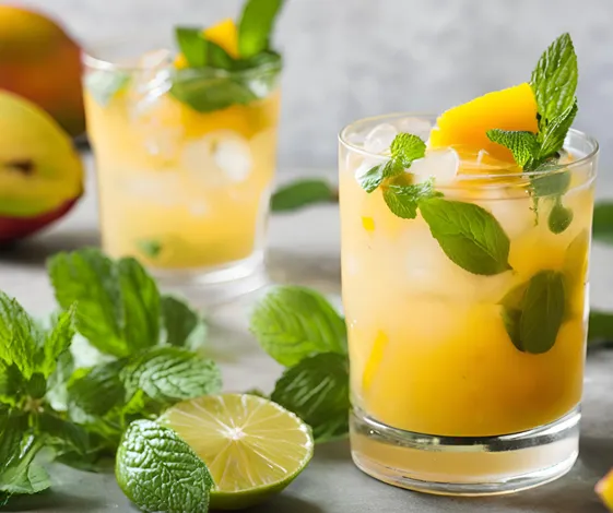 Zwei Gläser Mango-Mojito mit frischer Minze und Eiswürfeln.