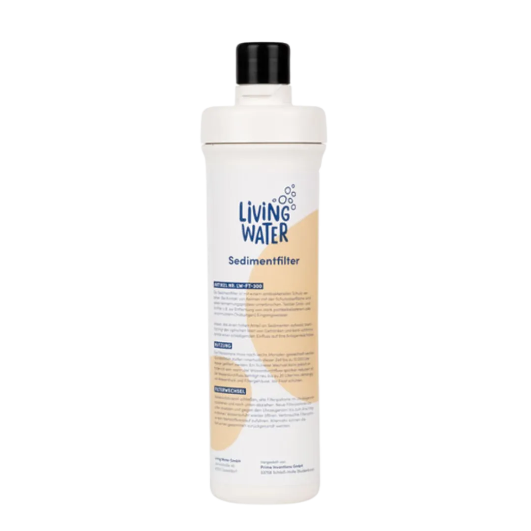 Filterbehälter für Wasserreinigung mit der Aufschrift „Living Water Sedimentfilter“.
