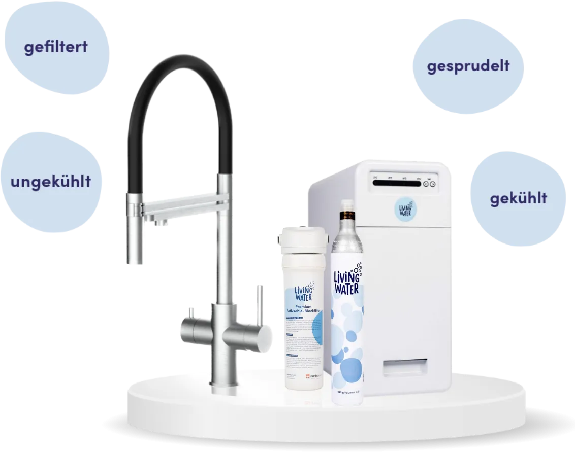 Wasserfilter-System mit Leitung, Flasche, Filter und Kühlgerät.