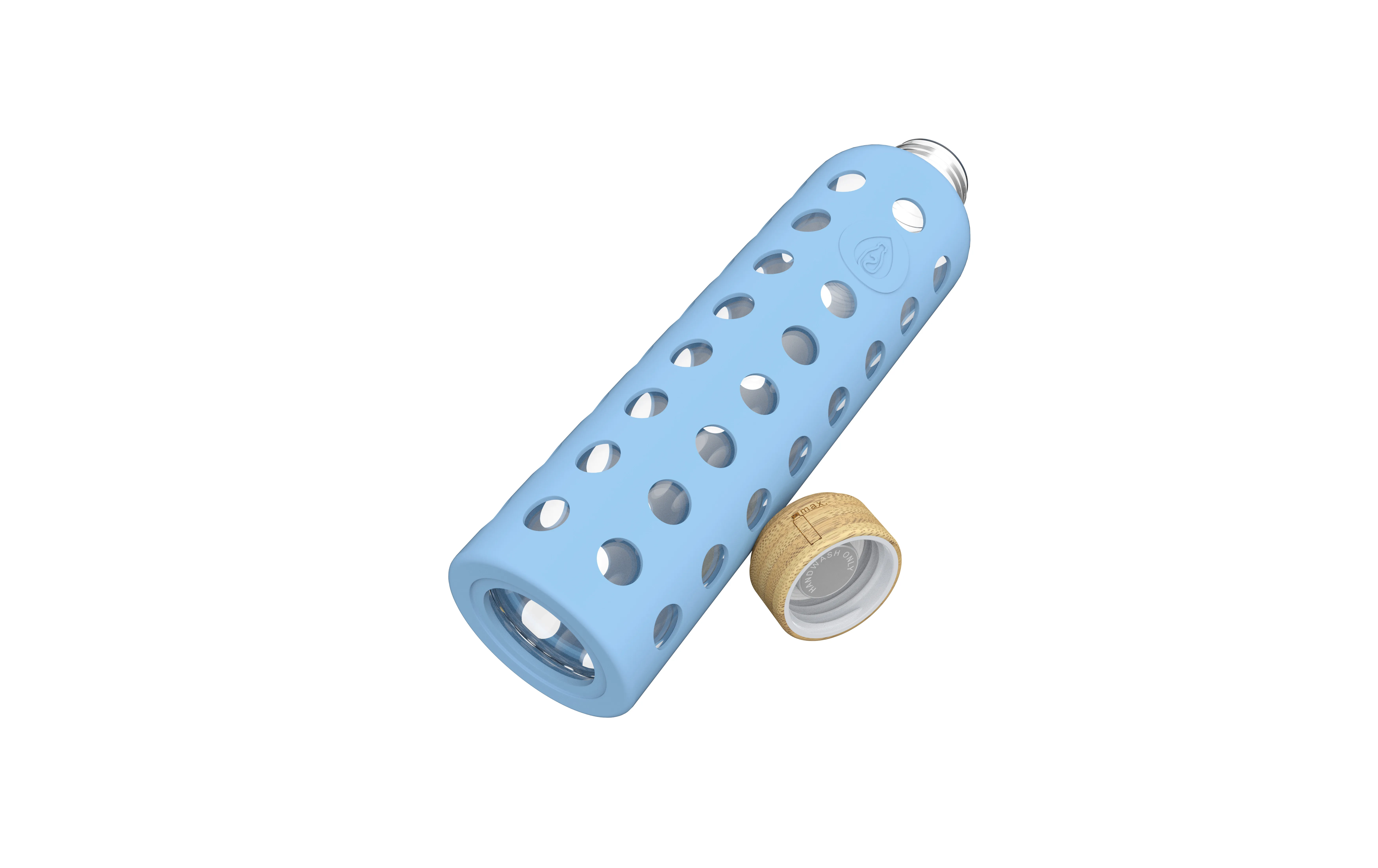 Eine blaue Wasserflasche mit Löchern und einem Korkverschluss.