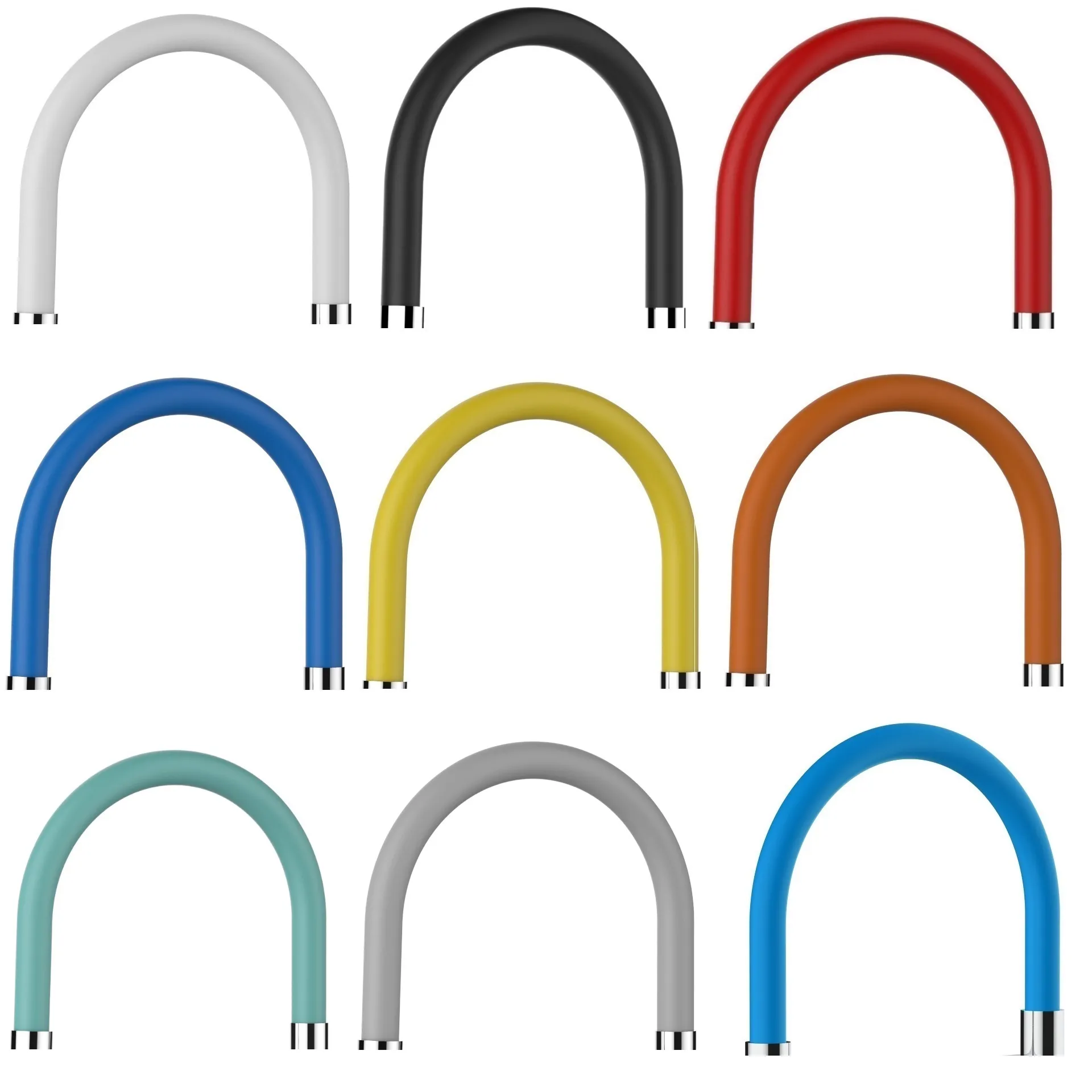 Bunte, gebogene Rohre in verschiedenen Farben: Weiß, Schwarz, Rot, Blau, Gelb, Orange, Mint, Grau und Dunkelblau.