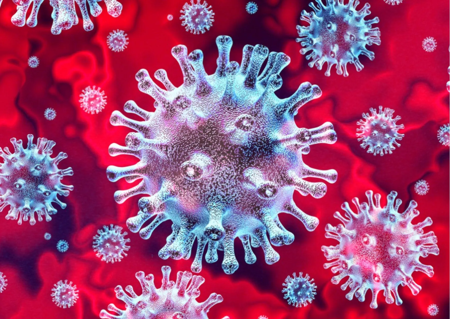 Illustration von Virenpartikeln in Rot und Blau als Symbolbild für Verunreinigungen im Trinkwasser