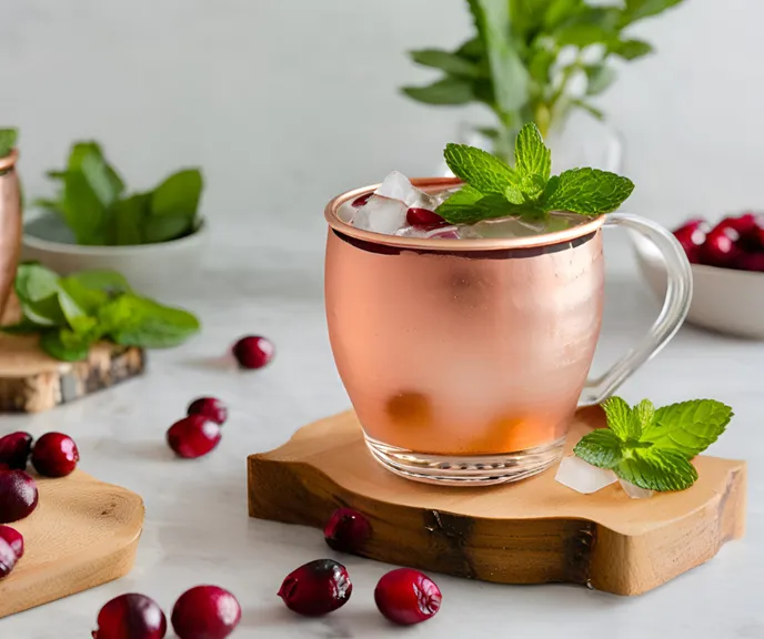 Kupfertasse mit Cranberry-Ingwer-Mocktail, Minze und Eiswürfeln auf Holzuntersetzer.