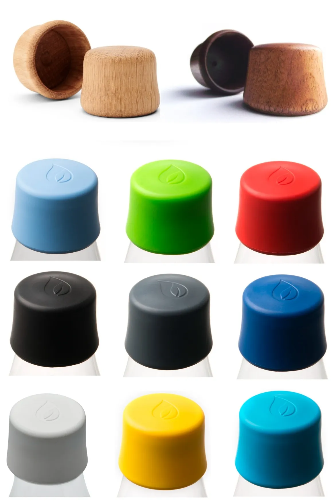 Bild zeigt eine Auswahl an Flaschenverschlüssen: oben zwei Holzverschlüsse und darunter zehn Kunststoffverschlüsse in verschiedenen Farben.