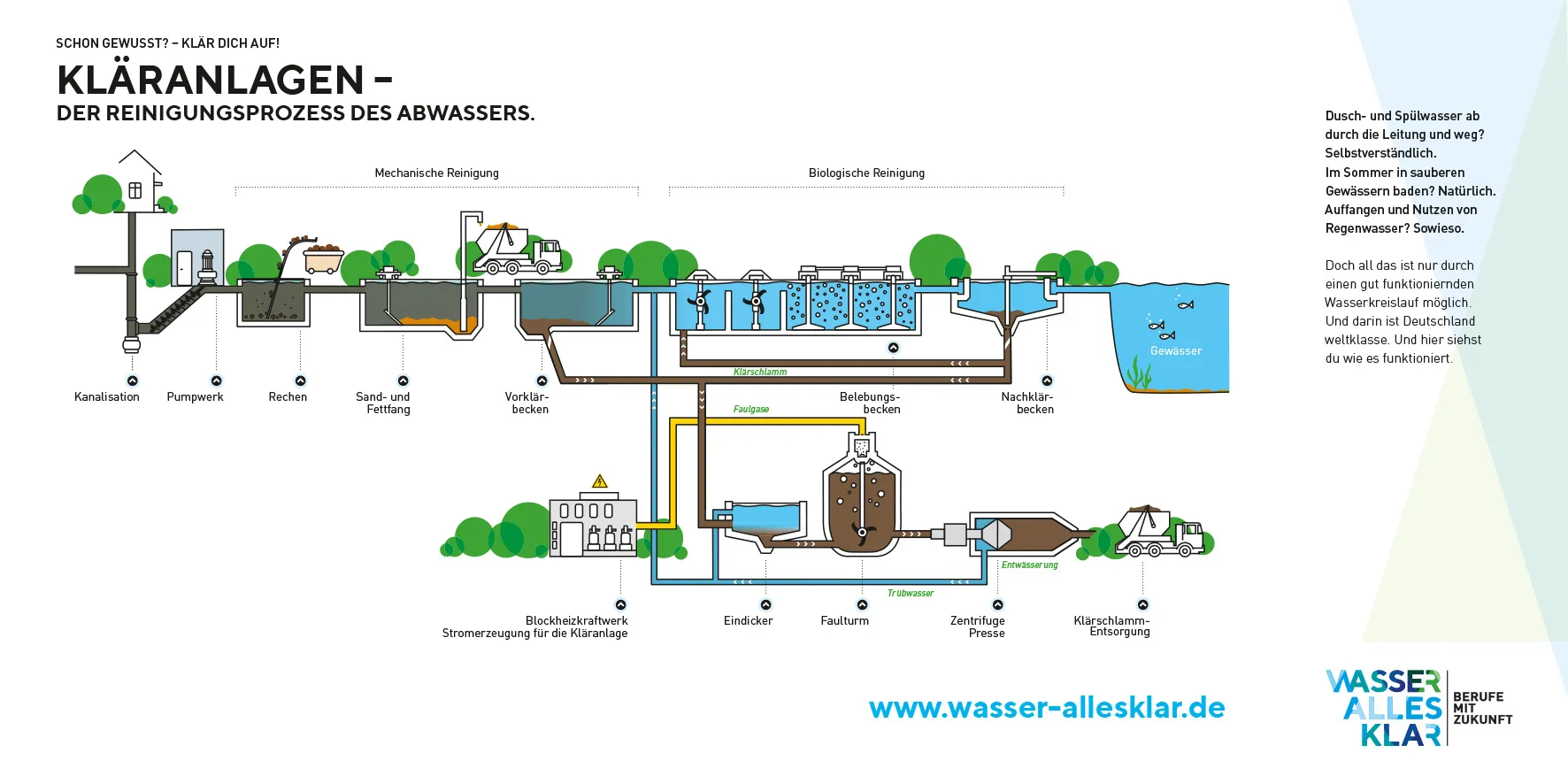 Diagramm des Reinigungsprozesses von Abwasser in einer Kläranlage, einschließlich mechanischer und biologischer Reinigungsschritte.
