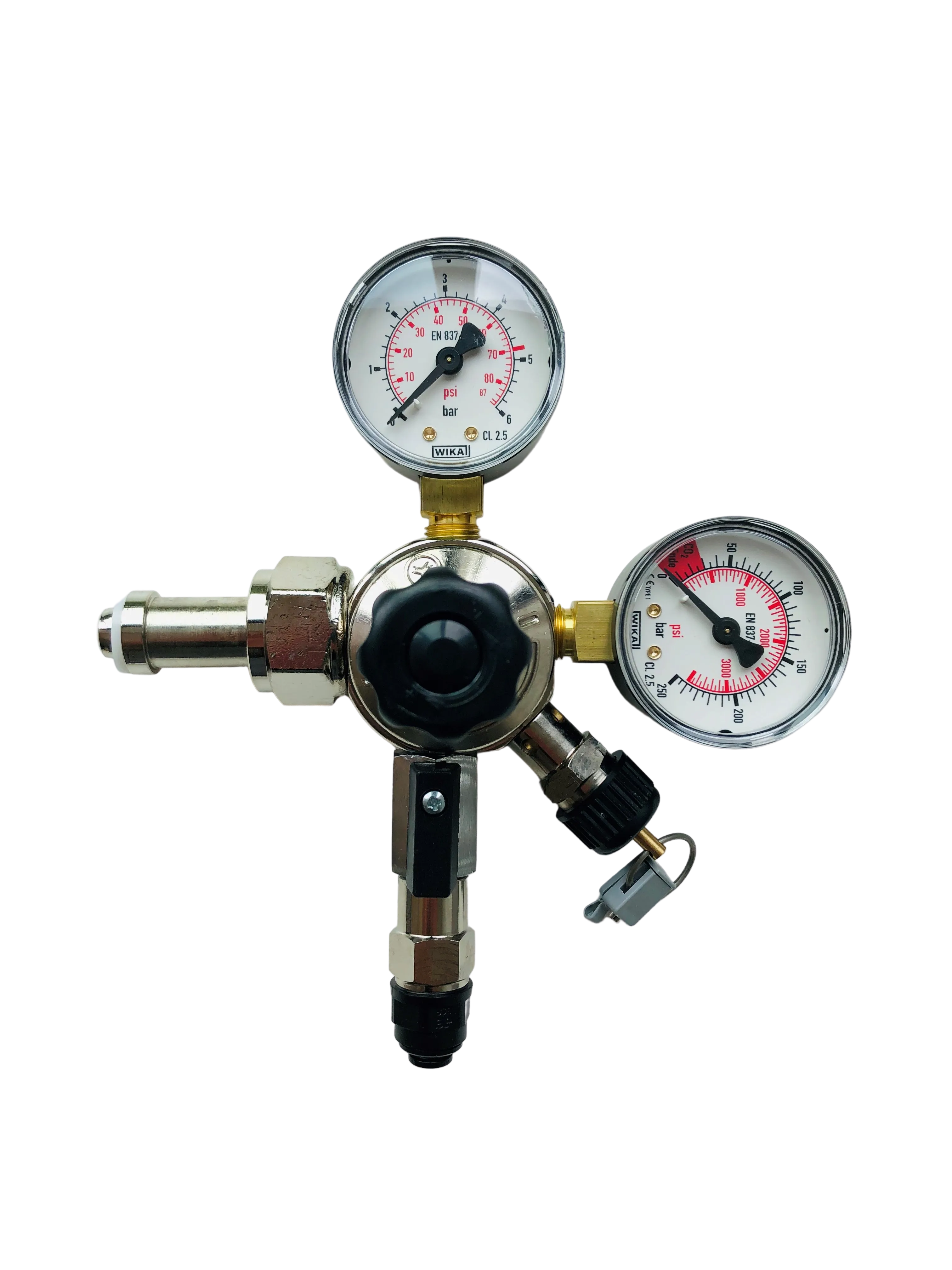 Druckregler mit zwei Manometern zur Druckmessung in psi und bar.