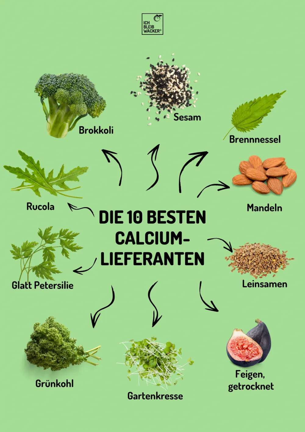 Vorschlag Grafik mit Lebensmitteln als natürliche Calciumlieferanten wie Brokkoli, Sesam, Mandeln und Rucola