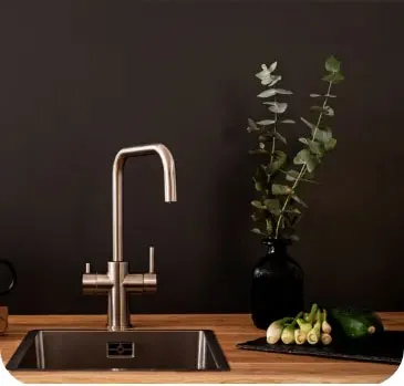 Moderne Küchenspüle mit Edelstahlarmatur und einem schwarzen Gefäß mit grünen Pflanzen.