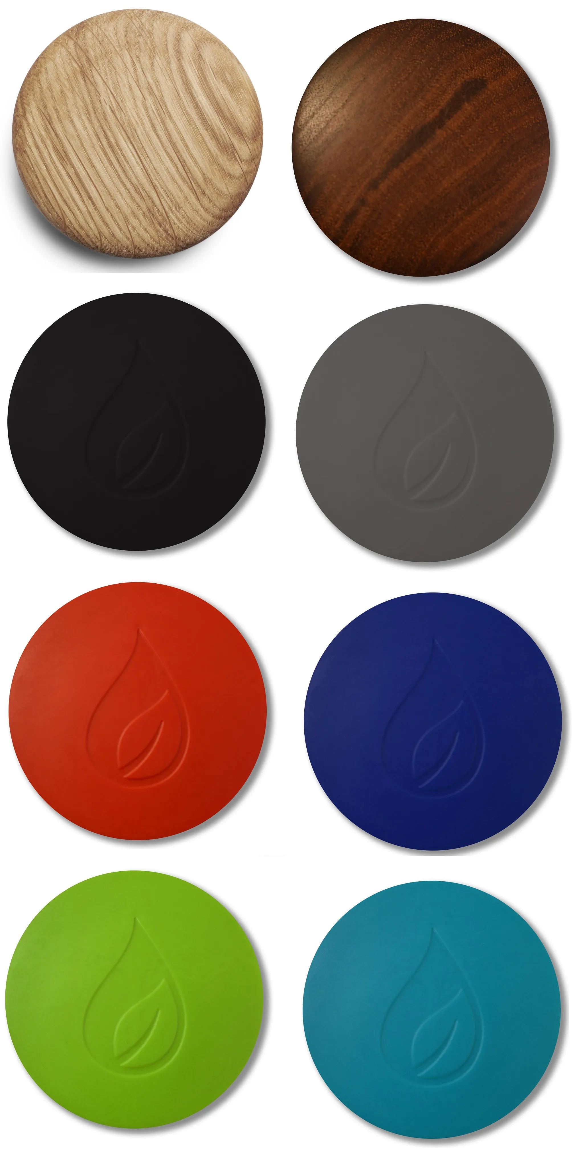 Diverse runde Coaster in verschiedenen Farben: helles Holz, dunkles Holz, Schwarz, Grau, Rot, Blau, Grün und Türkis.