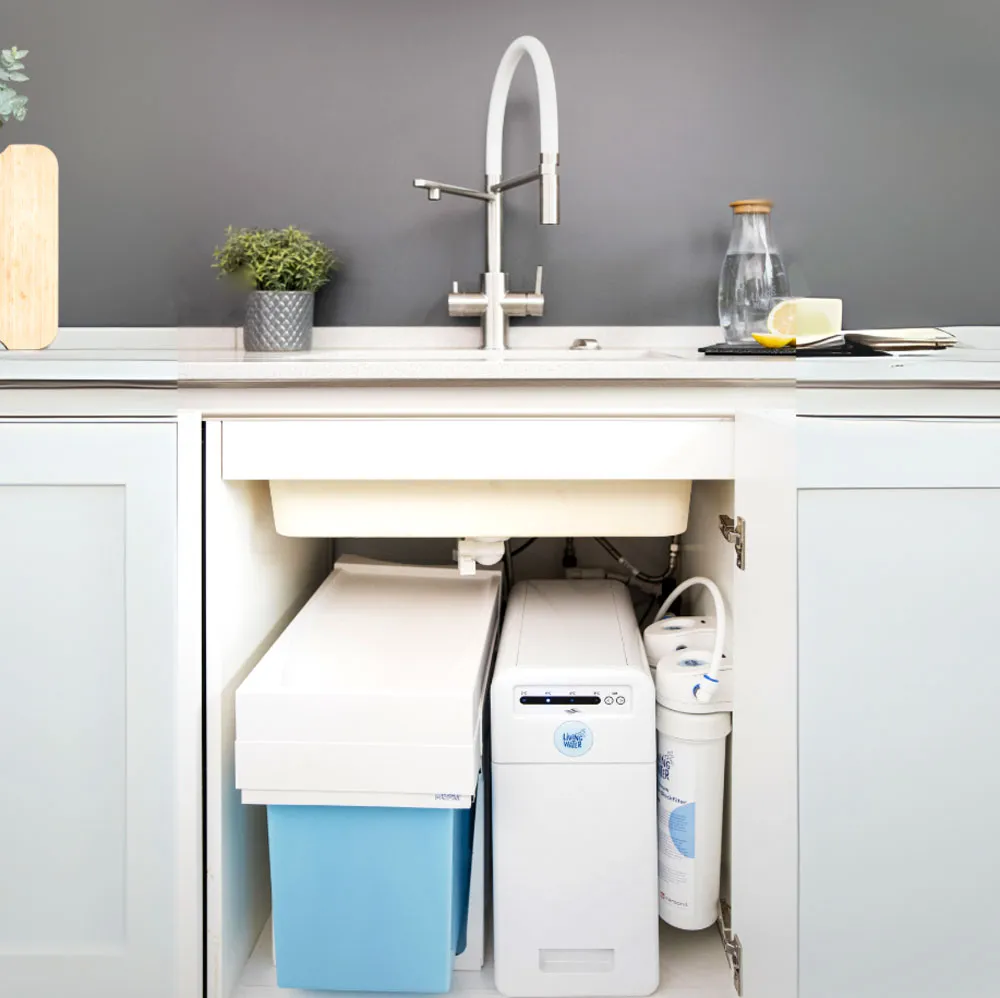 Unter der Küchenspüle sind ein Wasserfilter, eine blaue Box und Rohre sichtbar. Oben sind eine Pflanze und eine Glasflasche zu sehen.