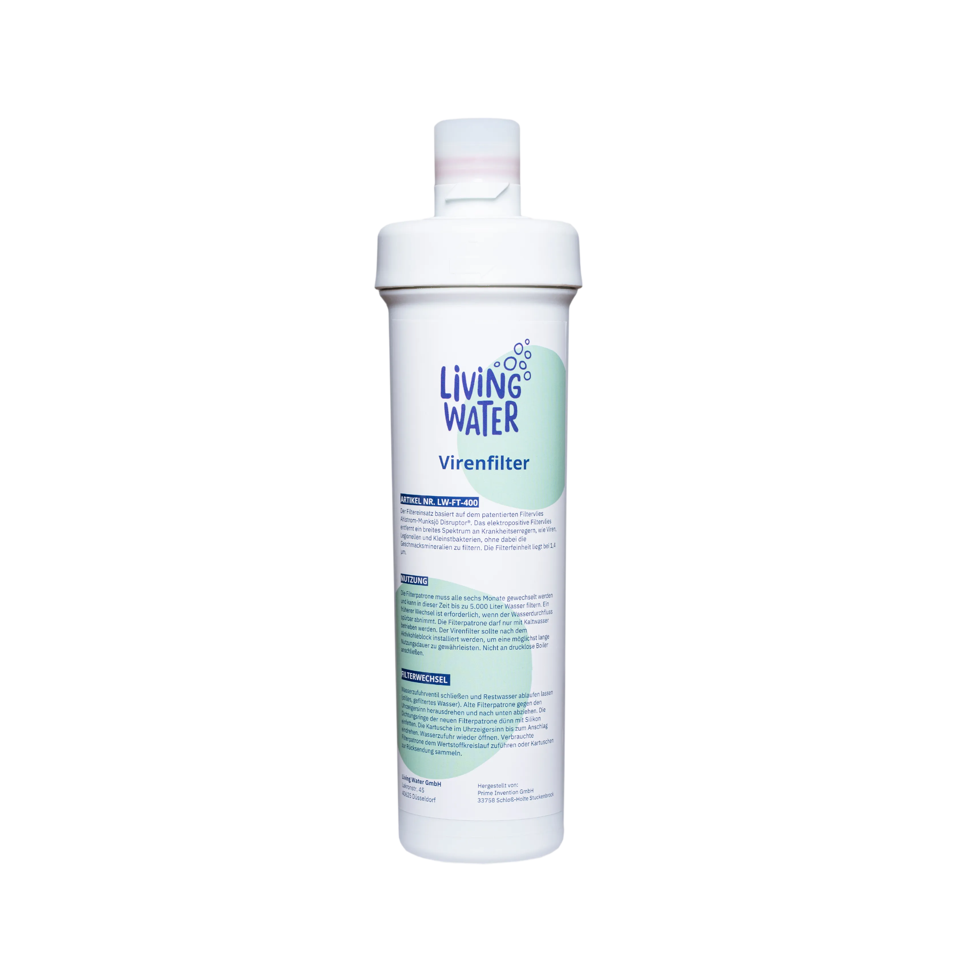 Ein Virenfilter von Living Water in weißer Flasche mit blau-grüner Beschriftung.