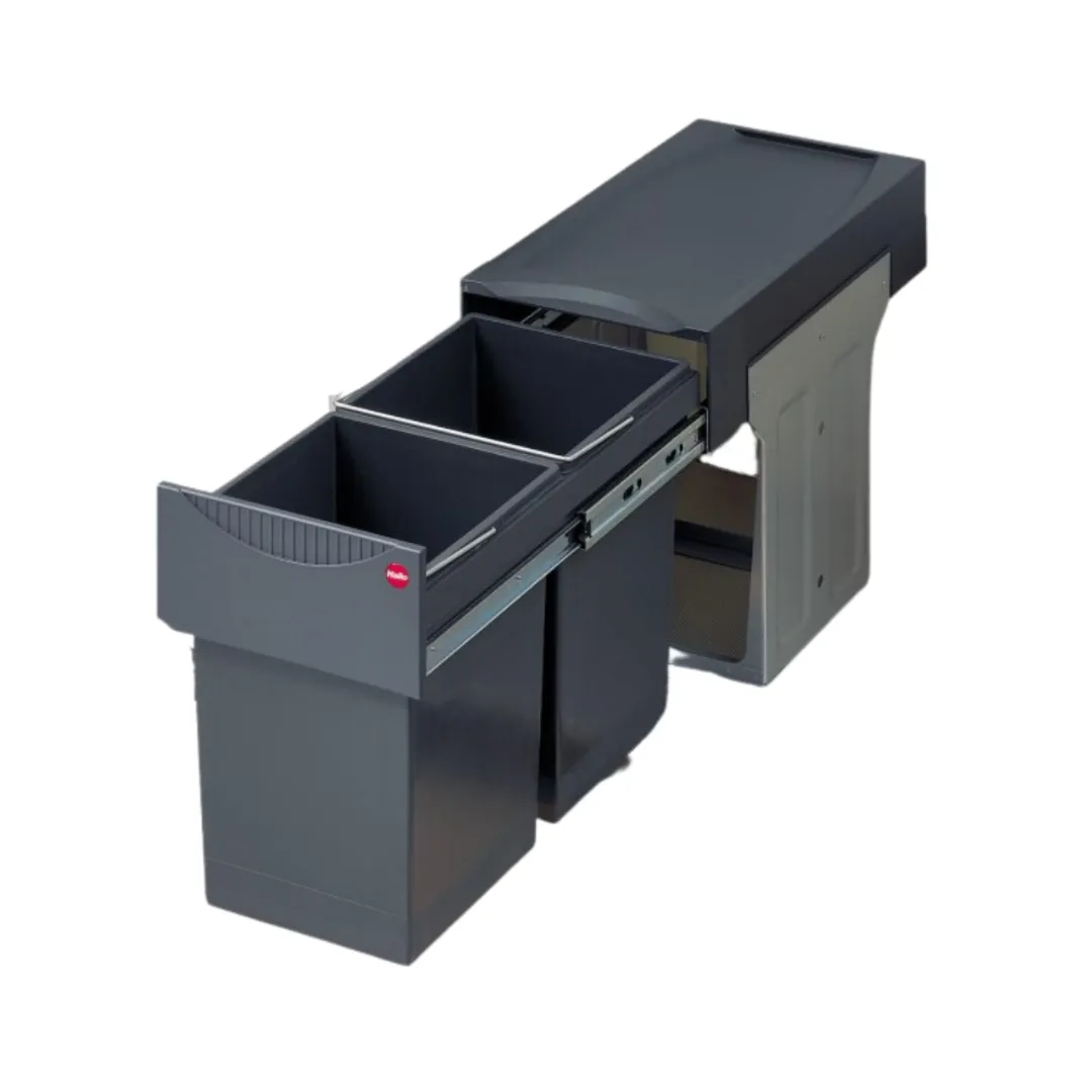 Abfalleimer mit zwei Einsätzen und Deckel in Grau.