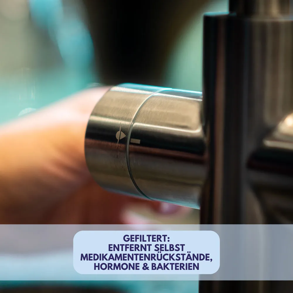 Bild eines Wasserfilters mit einem Hinweis, dass er Medikamentenrückstände, Hormone und Bakterien entfernt.