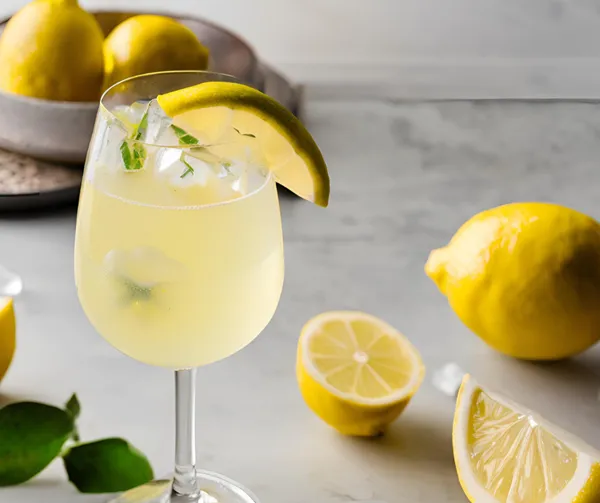 Limoncello-Mocktail mit frischen Zitronen im Hintergrund und Eis im Glas