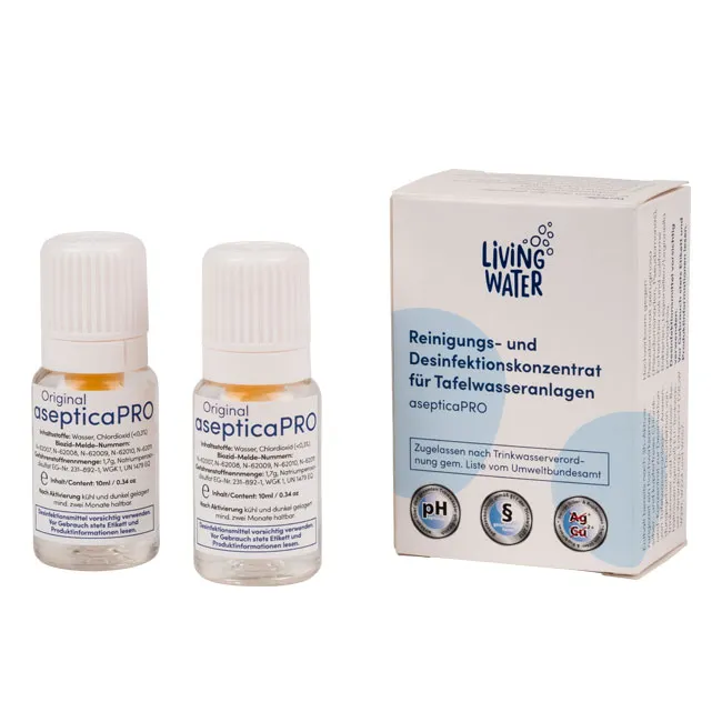 Reinigungs- und Desinfektionskonzentrat in zwei Fläschchen mit Verpackung, geeignet für Tischwasseranlagen.