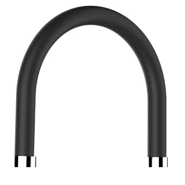 Schwarzer Wasserhahn mit gebogenem Auslauf.