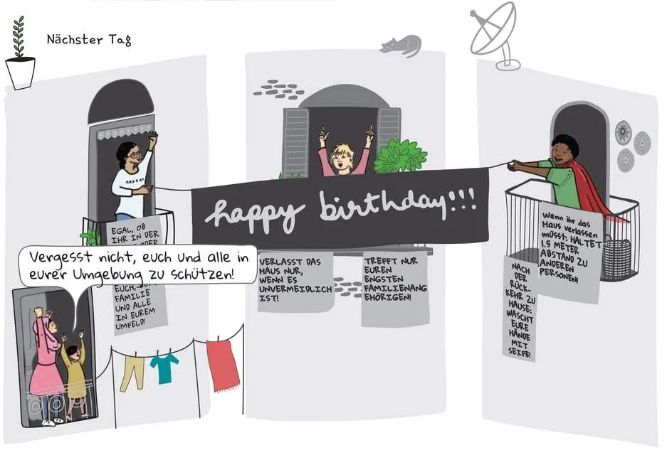 Illustration mit Menschen an Fenstern, die ein Banner "Happy Birthday!!!" halten, und Text über Sicherheit und soziale Distanzierung.
