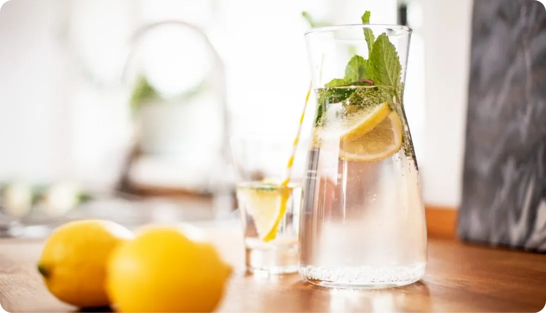Glas Wasser mit Zitronenscheiben und Minzblättern auf einem Holztisch.