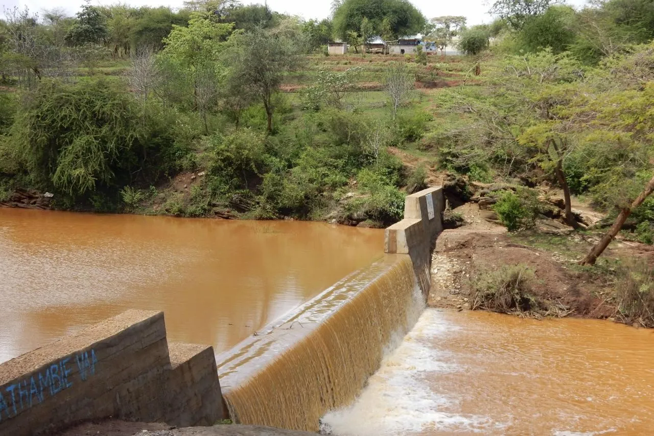 Ein Damm mit fließendem Wasser in einer ländlichen Umgebung, umgeben von Bäumen und Sträuchern.