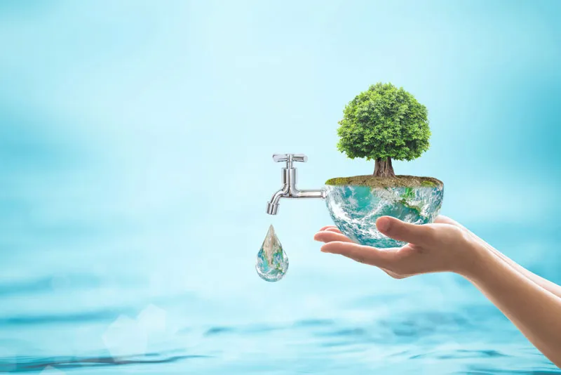 Eine Hand hält eine transparente Schüssel mit Wasser und einem Baum, aus dem ein Wasserhahn tropft.