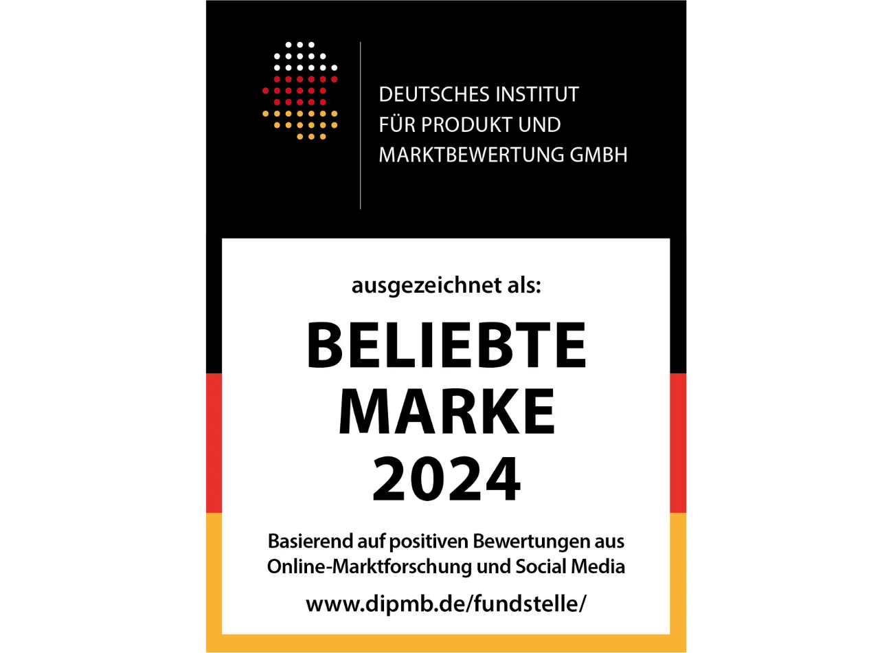 Bild eines Auszeichnungssiegels des Deutschen Instituts für Produkt- und Marktbewertung, das eine Marke als beliebte Marke 2024 auszeichnet.