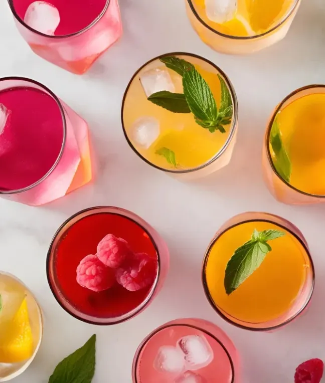Vorschlag Verschiedene bunte alkoholfreie Cocktails in Gläsern mit Eis und Früchten von oben fotografiert.