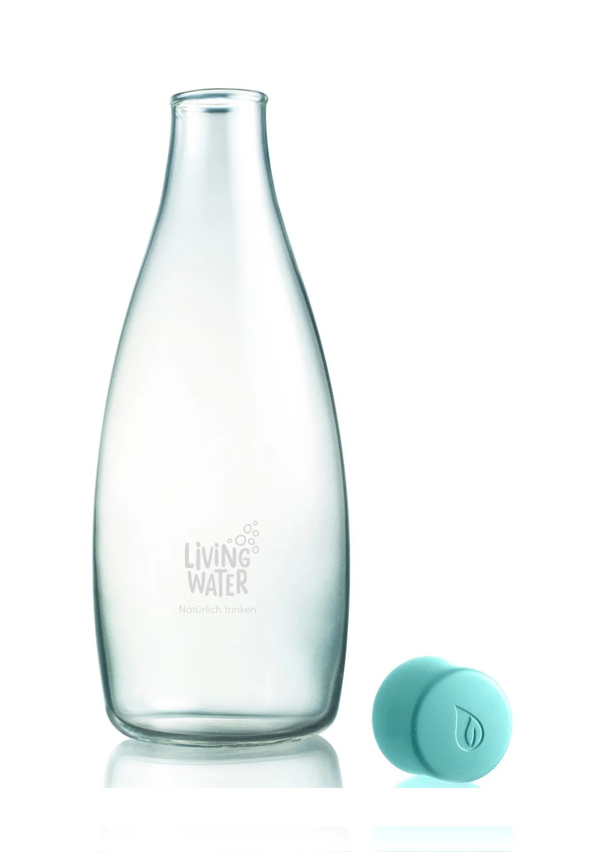 Wasserflasche aus Glas mit einem aqua-blauen Verschluss, beschriftet mit "Living Water".