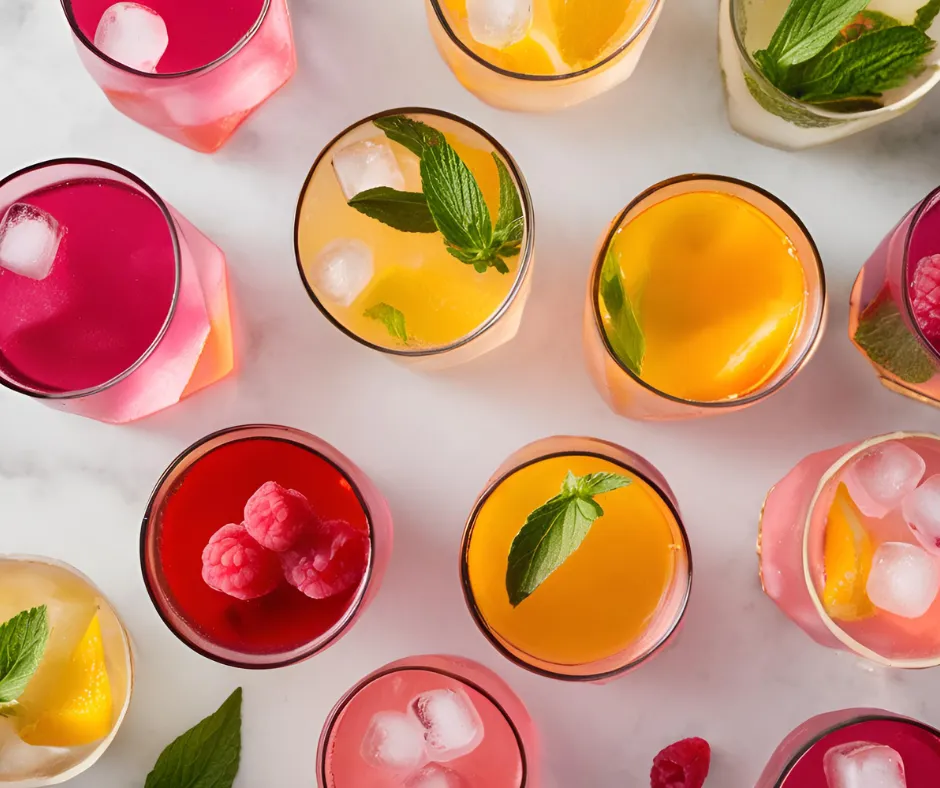 Bunte Getränke in Gläsern, garniert mit Minze und Früchten, auf einer marmorierten Oberfläche.