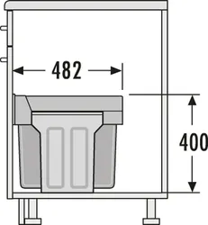 Schematische Darstellung eines Behälters mit Maßen von 482 mm Breite und 400 mm Höhe.